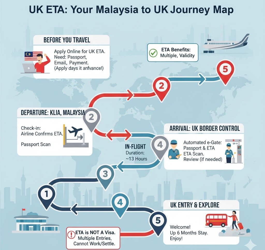 Journey map showing the complete travel experience from Malaysia to UK arrival