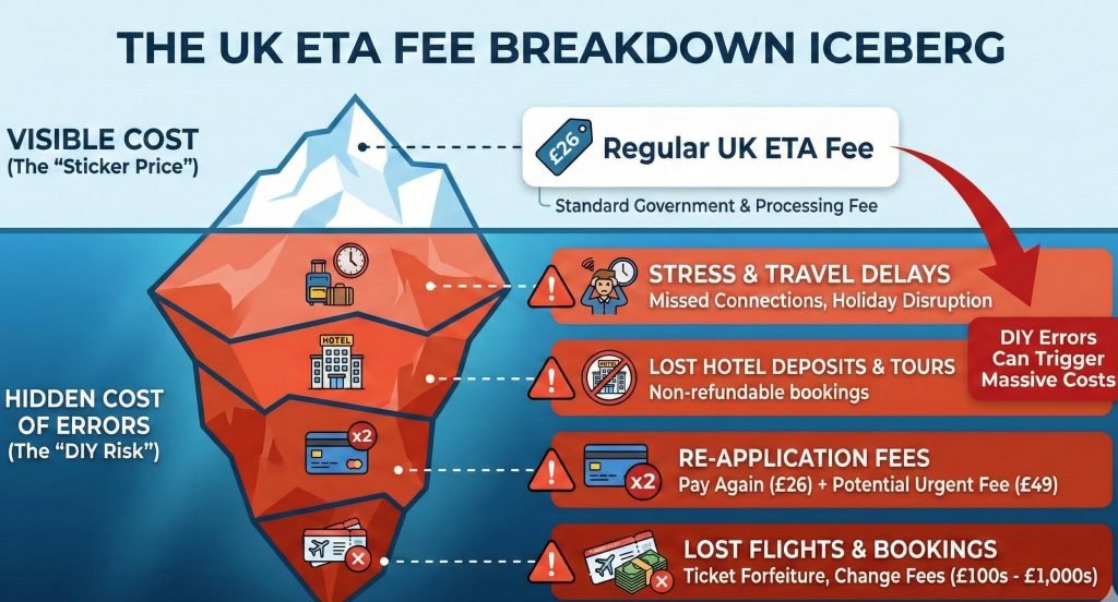 The Fee Breakdown Iceberg - Showing 'Visible Cost' (£26) vs 'Hidden Cost of Errors' (Lost flights, new fees)