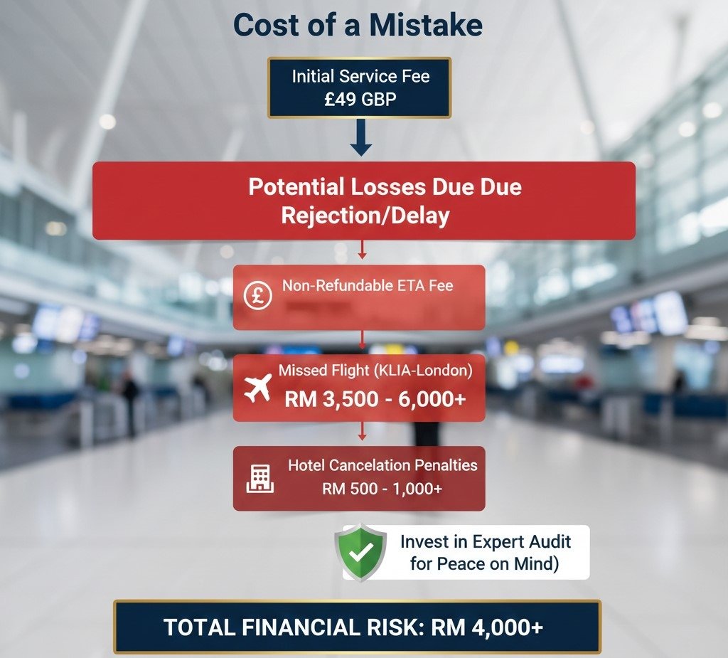 The Cost of a Mistake Waterfall Chart. A visual breakdown showing the application fee vs. the RM 3,000+ lost on flights and hotels due to rejection