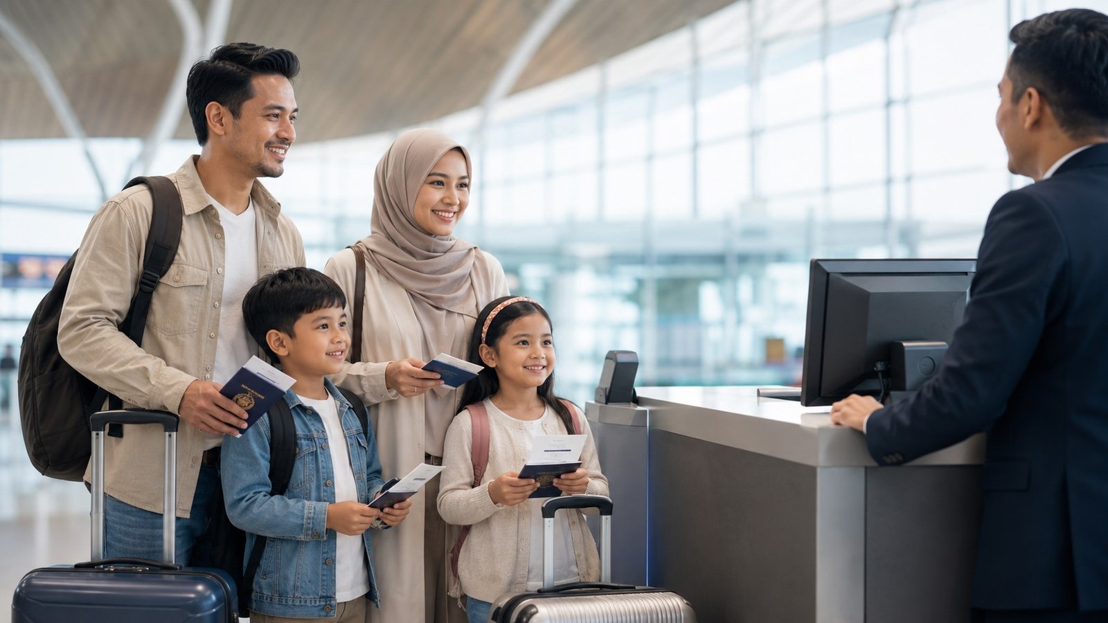 Family checking in at the airport